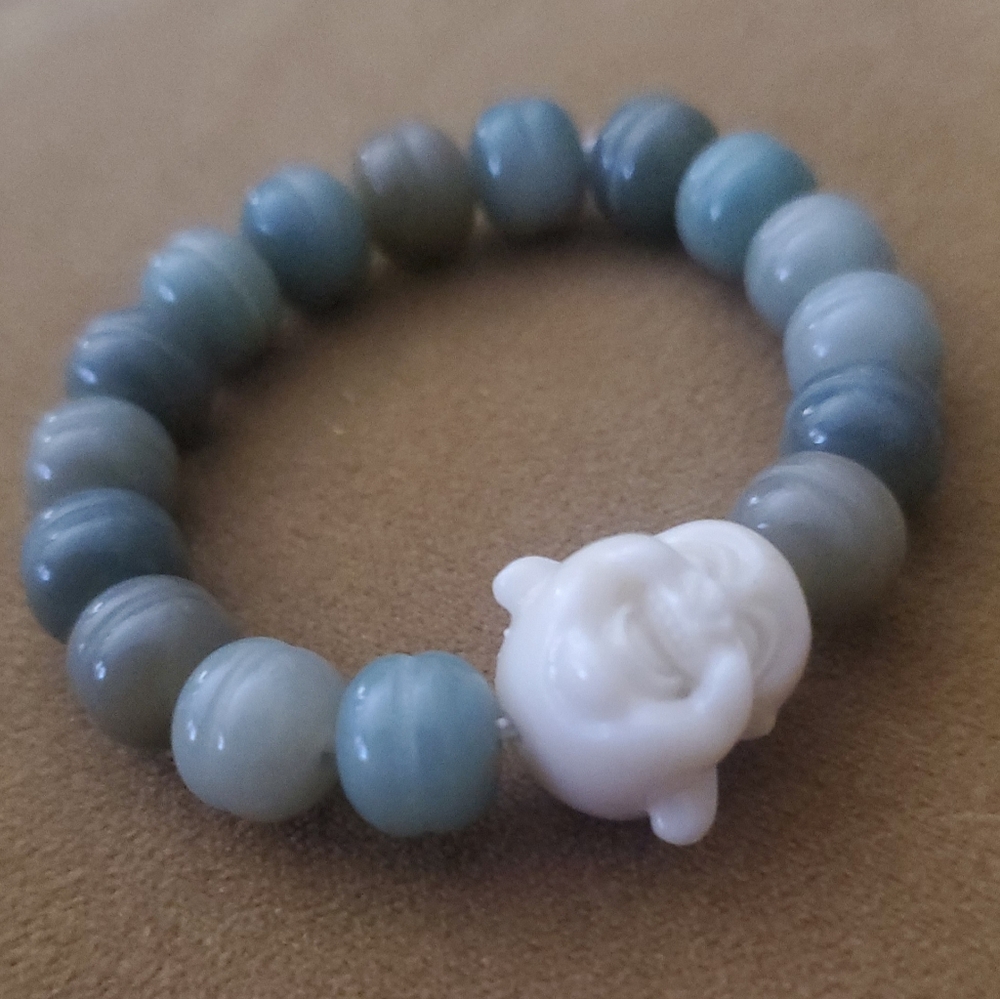 💝Laughing Buddha with Green Macaroon Bodhi Beads- Handmade All Natural